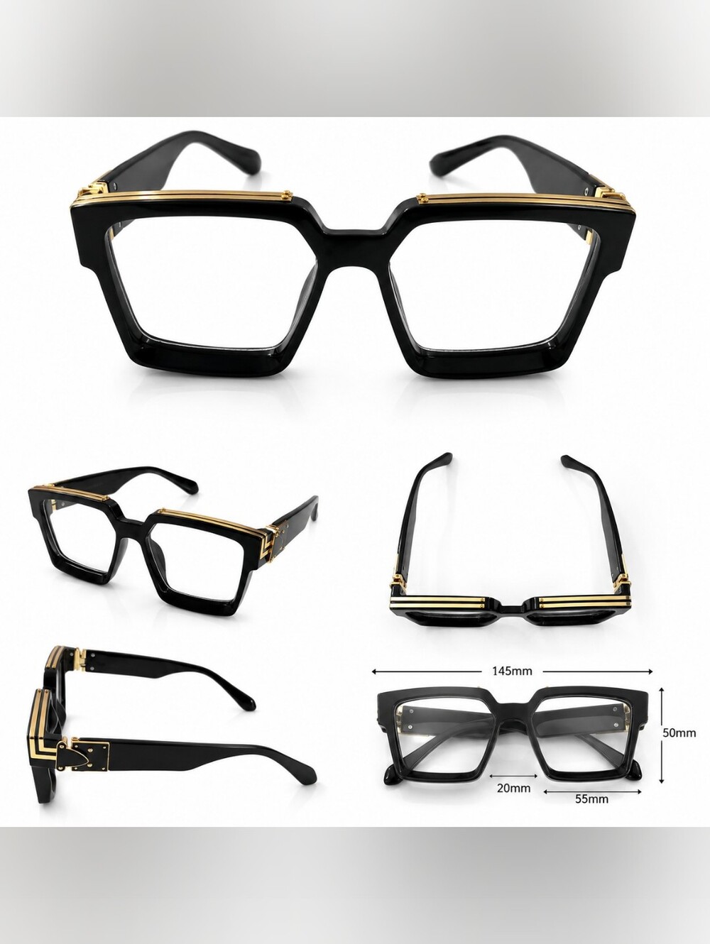 Black Geometric Men Eyeglasses with Gold Accent
